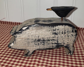 Pig, Primitive Pig, Pig with Crow,  Wood Pig with Crow, Aged White, Distressed Pig, Folk Art Animal,FREE PRIORITY SHIPPING