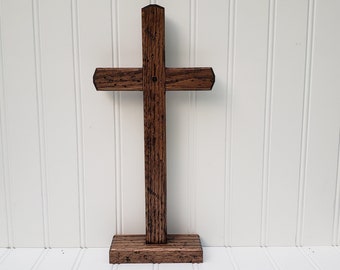 The Orignal Royer Chapel Wood Cross, Standing on Base,Oak,Stained,Wood Cross,Table Top Cross,Distressed Cross,FREE PRIORITY SHIPPING