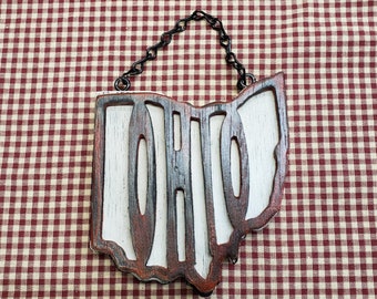State of Ohio sign,Wood State of Ohio, with Ohio Overlay. Aged White and Aged Red. With hanging chain