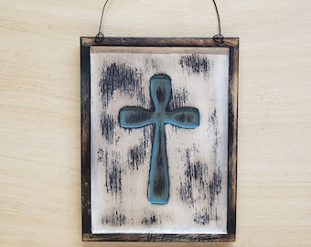 Wood Cross,Primitive Cross sign,Framed Picture, Aged Blue,Aged White, Black. Steel Wire Hanger, Wall Hanging, Primitive, Rustic, Art