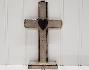 Wood Cross, Small Tabletop Cross, Distressed Cross, Standing Cross on Base,Aged White,Aged Red Heart, Farmhouse Cross,FREE PRIORITY SHIPPING