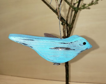 Wood Blue Bird Ornament, Primitive Wood Bird Ornament with Rusty Steel Wing, Aged Blue
