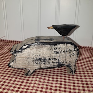 Handmade Rustic Wood Pig with Crow: Primitive Folk Art, FREE PRIORITY SHIPPING