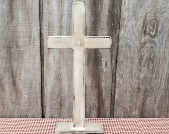 The Orignal Royer Chapel Wood Cross, Standing on Base,Aged White,Wood Cross,Table Top Cross,Distressed Cross,FREE PRIORITY SHIPPING