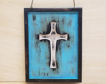 Wood Cross, Primitve Wood Cross sign, Framed Cross,Aged Blue,Aged White, Black. Steel Wire Hanger, Wall Hanging, Primitive, Rustic, Art