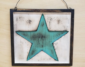 Primitive Wood Star,Primitive Star Sign, Framed Picture, Teal, White, Black, Steel Wire, Wall Hanging, Art