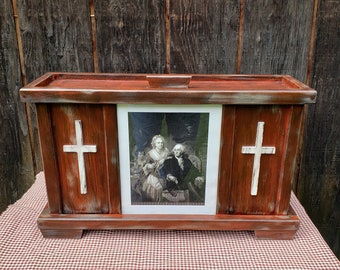 Wood Cremation Urn,Distressed Urn,2 Person Urn,Personalized Urn, Aged Red,Aged White crosses, Slot to hold 8x10 photo,FREE PRIORITY SHIPPING