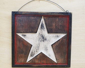 Primitive Wood Star,Star Sign, Framed Picture,Aged Red, Aged White, Black, Steel Wire, Wall Hanging, Art