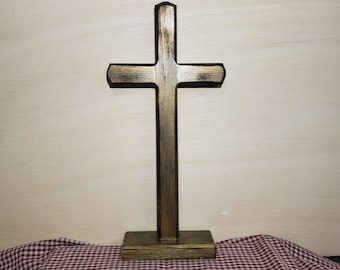 The Orignal Royer Chapel Wood Cross, Standing on Base,Aged Gold,Wood Cross,Table Top Cross,Distressed Cross,FREE PRIORITY SHIPPING