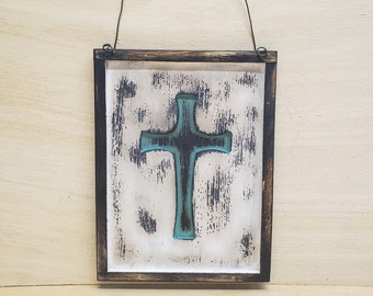 Wood Cross,Primitive Cross, Framed Cross,Aged Teal, Aged White, Black. Steel Wire Hanger, Wall Hanging, Primitive, Rustic, Art