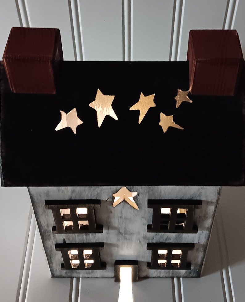Primitive Wood House,Light Up House, House with Star Cut-Out Roof, Lamp, Night Light, FREE PRIORITY SHIPPING image 5
