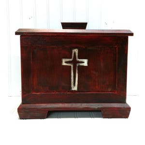 Rustic Wood Cremation Urn with Cross: Aged Red Primitive Decor, FREE PRIORITY SHIPPING