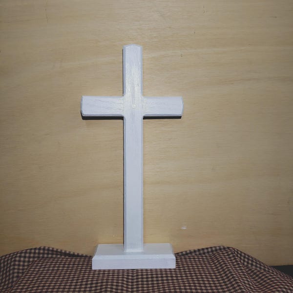 Royer Chapel Wood Cross on Base: Rustic White Tabletop Decor, Free Ground Advantage Shipping