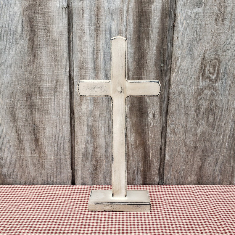 The Orignal Royer Chapel Wood Cross, Standing on Base,Aged White,Wood Cross,Table Top Cross,Distressed Cross,FREE PRIORITY SHIPPING image 1