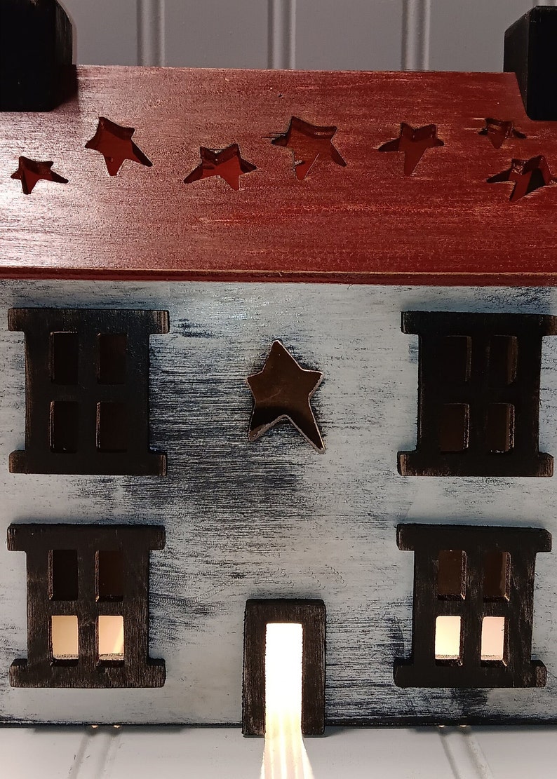 Primitive Wood House,Light Up House, House with Star Cut-Out Roof, Lamp, Night Light, FREE PRIORITY SHIPPING image 7