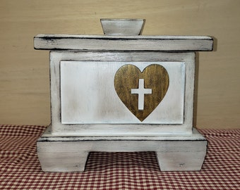 Wood Cremation Urn,with Heart and Cross, Small Urn,Sharing Urn,Distressed Cremation Urn,Aged White, Aged Gold Heart,FREE PRIORITY SHIPPING