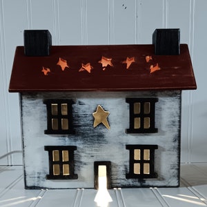 Primitive Wood House,Light Up House, House with Star Cut-Out Roof, Lamp, Night Light, FREE PRIORITY SHIPPING image 1