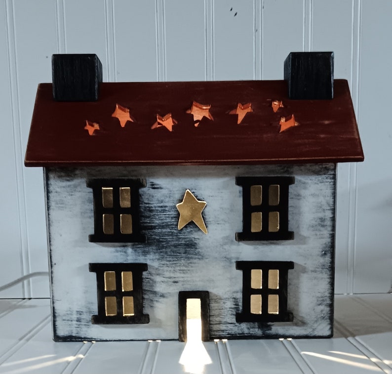 Primitive Wood House,Light Up House, House with Star Cut-Out Roof, Lamp, Night Light, FREE PRIORITY SHIPPING image 1