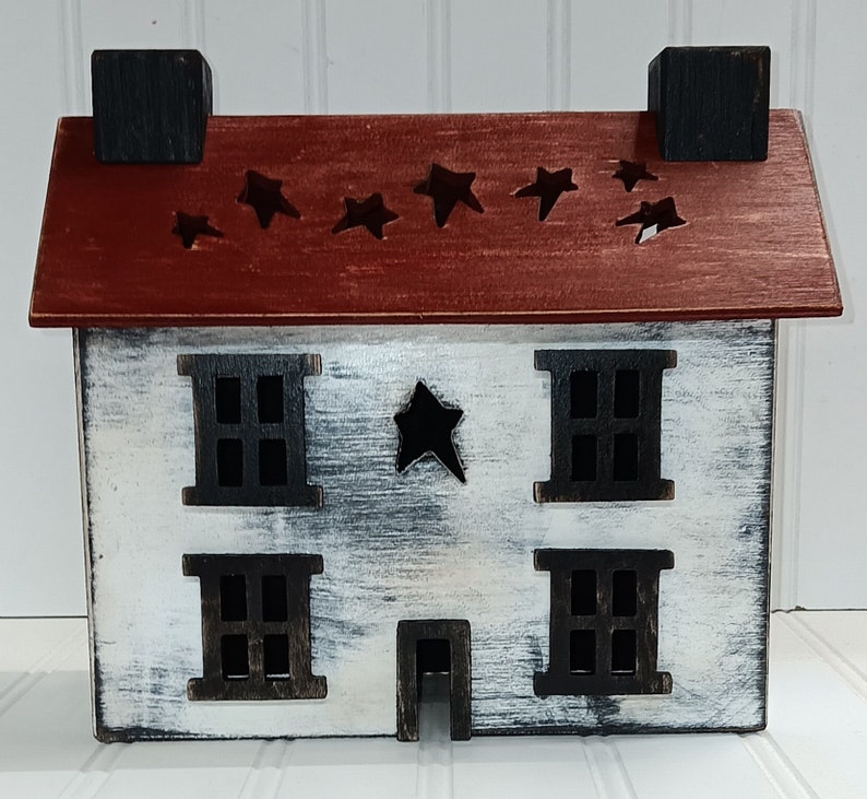 Primitive Wood House,Light Up House, House with Star Cut-Out Roof, Lamp, Night Light, FREE PRIORITY SHIPPING image 2