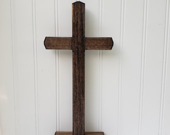 The Orignal Royer Chapel Wood Cross, Standing on Base,Hardwood,Stained,Wood Cross,Table Top Cross,Distressed Cross,FREE PRIORITY SHIPPING