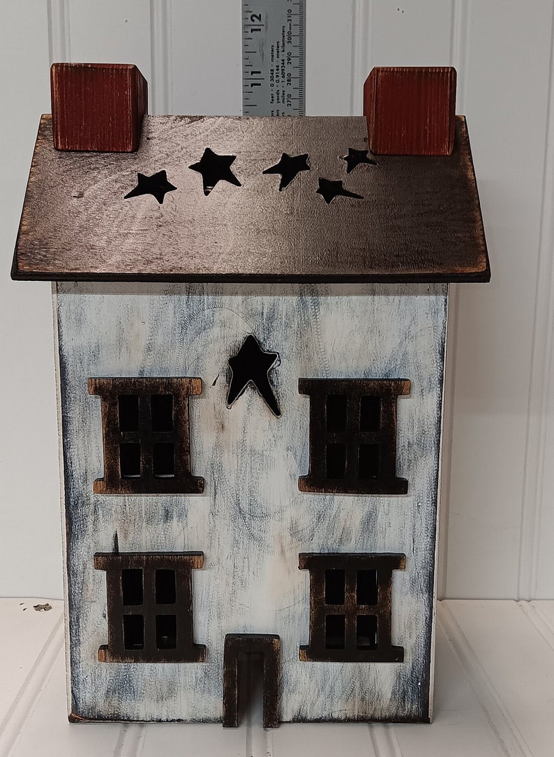 Primitive Wood House,Light Up House, House with Star Cut-Out Roof, Lamp, Night Light, FREE PRIORITY SHIPPING image 2