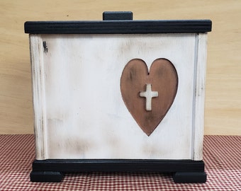 Cremation Urn, Wood Heart and Cross, Cremation Urn with cross, Aged White, Aged Rose Gold Heart, Distressed Urn, FREE PRIORITY SHIPPING