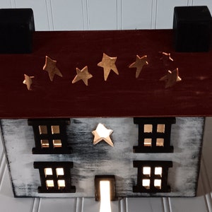 Primitive Wood House,Light Up House, House with Star Cut-Out Roof, Lamp, Night Light, FREE PRIORITY SHIPPING image 3