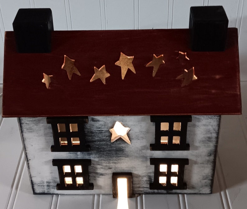 Primitive Wood House,Light Up House, House with Star Cut-Out Roof, Lamp, Night Light, FREE PRIORITY SHIPPING image 3