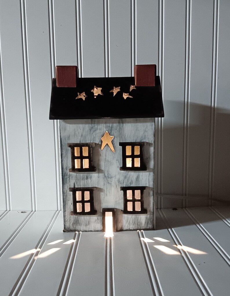 Primitive Wood House,Light Up House, House with Star Cut-Out Roof, Lamp, Night Light, FREE PRIORITY SHIPPING image 1