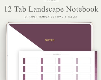 Könnte beinhalten: Ein Mockup einer digitalen Notizbuch-App mit einem lila und weißen Cover. Die App hat 12 Tabs und 64 Papiervorlagen. Der Text "YUKI NOTES" und "12 Tab Landscape Notebook" wird auf dem Cover angezeigt.