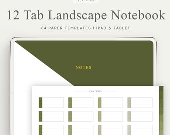 Könnte beinhalten: Eine digitale Notizbuchvorlage für iPad und Tablet mit 12 Registerkarten und 64 Papiervorlagen. Die Vorlage verfügt über ein grün-weißes Farbschema mit dem Wort "NOTES" in goldener Schrift.