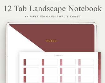 May include: A digital notebook template for iPad and tablet with 12 tabs, 64 paper templates, and a contents page. The template features a burgundy and white color scheme with a dotted grid pattern.