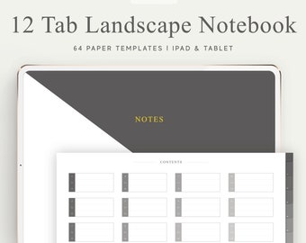 Könnte beinhalten: Eine digitale Notizbuchvorlage für iPad und Tablet mit 12 Registerkarten, 64 Papiervorlagen und einer Inhaltsseite. Die Vorlage verfügt über ein Grau- und Weißfarbschema mit einem minimalistischen Design.