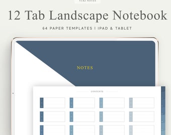 Könnte beinhalten: Eine digitale Notizbuch-App-Oberfläche mit einem blauen und weißen Farbschema. Die App heißt "Yuki Notes" und bietet 64 Papiervorlagen für iPad und Tablet. Die Oberfläche umfasst einen "Inhalt"-Bereich, einen "Papiere"-Bereich, einen "Notizen"-Bereich und einen "Referenzen"-Bereich.