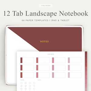 May include: A digital notebook template for iPad and tablet with 12 tabs, 64 paper templates, and a contents page. The template features a burgundy and white color scheme with a dotted grid pattern.