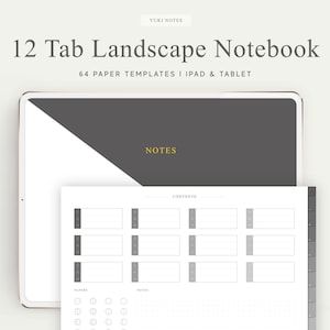 Peut inclure: Un modèle de carnet numérique pour iPad et tablette avec 12 onglets, 64 modèles de papier et une page de sommaire. Le modèle présente un schéma de couleurs gris et blanc avec un design minimaliste.