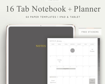 Könnte beinhalten: Ein graues Tablet-Computer mit einem weißen Bildschirm, auf dem ein Monatskalender mit dem Text "MONTH OF January" und "NOTES" angezeigt wird. Der Kalender hat ein Rasterlayout mit beschrifteten und nummerierten Wochentagen. Das Tablet befindet sich auf einem weißen Hintergrund mit dem Text "16 Tab Notebook + Planner" und "64 PAPER TEMPLATES I IPAD & TABLET" darüber.