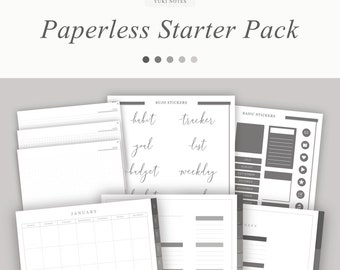 May include: A digital planner starter pack with a calendar, note pages, and stickers. The stickers include words like "habit", "tracker", "goal", "list", "budget", and "weekly".