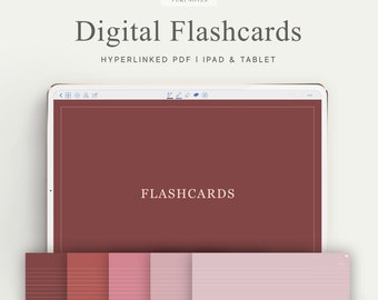 Könnte beinhalten: Ein digitaler Bildschirm, der den Text "FLASHCARDS" in weißer Schrift auf einem kastanienbraunen Hintergrund anzeigt. Unter dem Bildschirm befinden sich fünf verschiedene farbige, linierte Papierbögen in Rot- und Rosatönen.