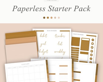 May include: A digital planner starter pack with a calendar, to-do list, and index pages. The pages are white with gold accents and include stickers for habit, goal, budget, tracker, list, and weekly.