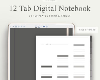 12 Tab Digital Notebook, Hyperlinked PDF, Lined, Grid, Dotted, Blank, Cornell, Stickers, Bujo, Digital Planner, Goodnotes, Notability