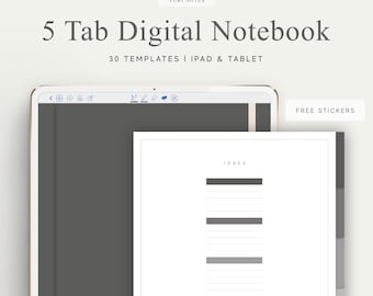 5 Tab Digital Notebook, Hyperlinked PDF, Lined, Grid, Dotted, Blank, Cornell, Stickers, Bujo, Digital Planner, Goodnotes, Notability