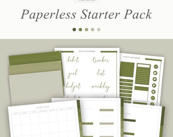 May include: A digital planner starter pack with green and white pages. The pack includes a monthly calendar, a weekly planner, a habit tracker, a goal list, a budget tracker, a list tracker, a weekday tracker, a basic sticker sheet, and an index page.