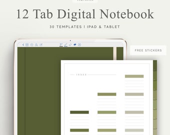 12 Tab Digital Notebook, Hyperlinked PDF, Lined, Grid, Dotted, Blank, Cornell, Stickers, Bujo, Digital Planner, Goodnotes, Notability