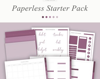 Könnte beinhalten: Ein digitales Planer-Starter-Paket mit einem lila und weißen Farbschema. Das Paket enthält einen Monatskalender, einen Wochenplaner, einen Habit-Tracker, eine Zielliste, einen Budget-Tracker, eine Liste mit Aufklebern und eine Indexseite.