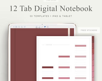12 Tab Digital Notebook, Hyperlinked PDF, Lined, Grid, Dotted, Blank, Cornell, Stickers, Bujo, Digital Planner, Goodnotes, Notability