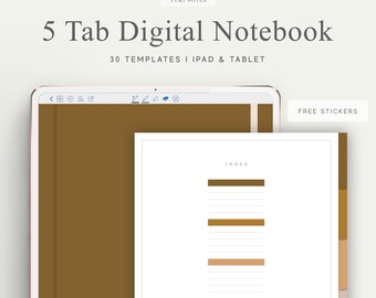 5 Tab Digital Notebook, Hyperlinked PDF, Lined, Grid, Dotted, Blank, Cornell, Stickers, Bujo, Digital Planner, Goodnotes, Notability