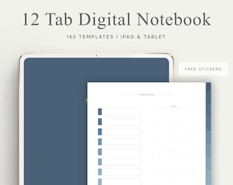 12 Tab Digital Notebook, Hyperlinked PDF, Lined, Grid, Dotted, Blank, Cornell, Stickers, Bujo, Digital Planner, Goodnotes, Notability