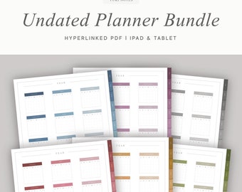 May include: A set of undated yearly planner pages in a variety of colors. Each page has a grid layout with space for each month of the year. The pages are designed for use with a planner binder.
