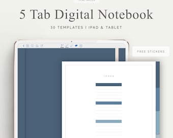 5 Tab Digital Notebook, Hyperlinked PDF, Lined, Grid, Dotted, Blank, Cornell, Stickers, Bujo, Digital Planner, Goodnotes, Notability